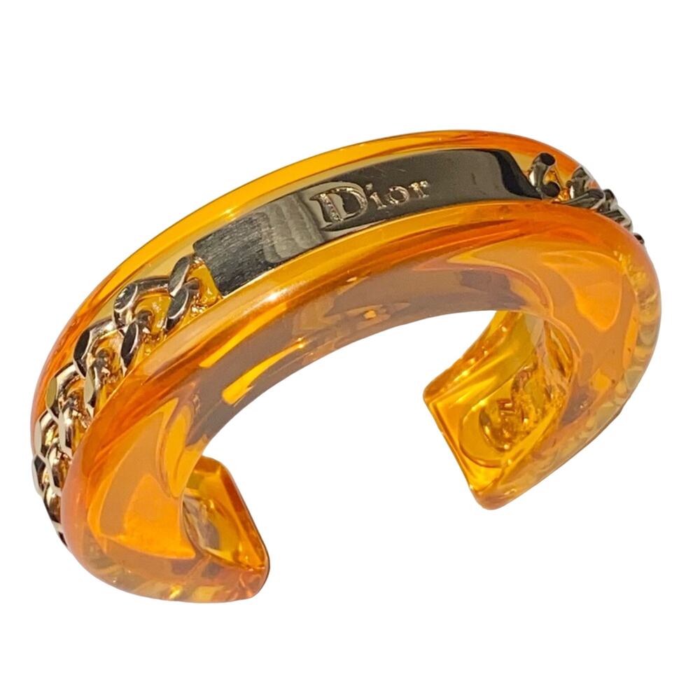 AUTH VTG Christian Dior Orange Lucite Gold Chain Nameplate Logo Cuff Bracelet - Picture 11 of 15